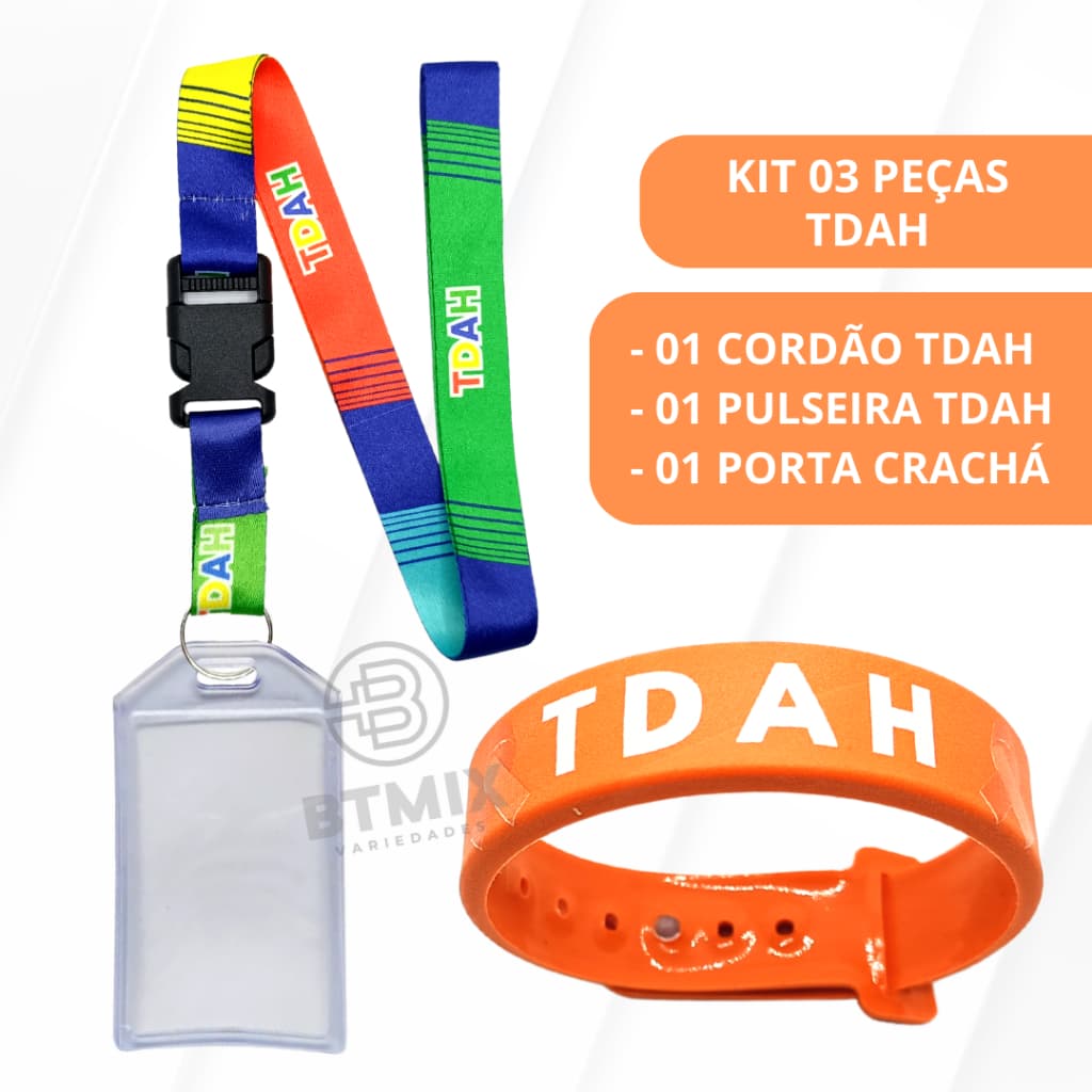 Kit 03 Peças de Identificação TDAH Cordão Pulseira e Porta Crachá Vertical