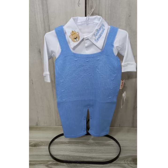 kit 2 peças saída maternidade tricô jardineira salopete + body gola personalizada bebe menino menina