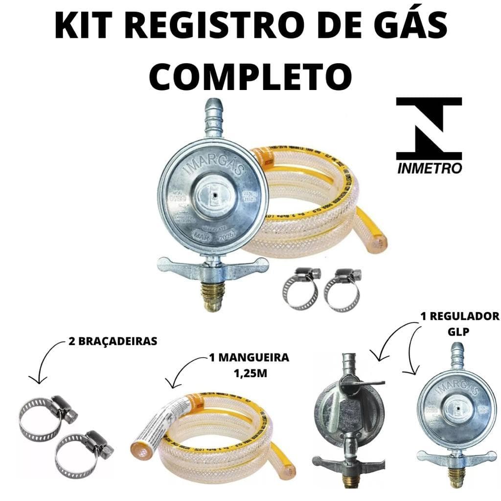 Kit Completo Registro Regulador de Gás de Cozinha + Mangueira 1,25m + Abraçadeira Envio Imediato