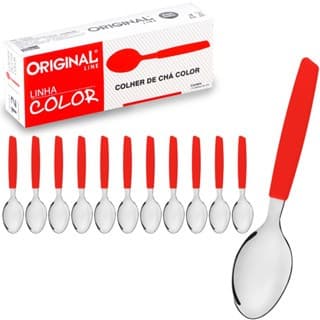 12 Colheres de Chá Café Sobremesa de Inox Cabo de Plástico  Kit com 12 Peças 14 CM