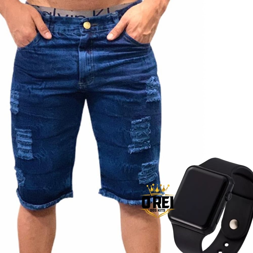 conjunto masculino short jeans escuro rasgado + relógio digital led esportivo luz led envio imediato