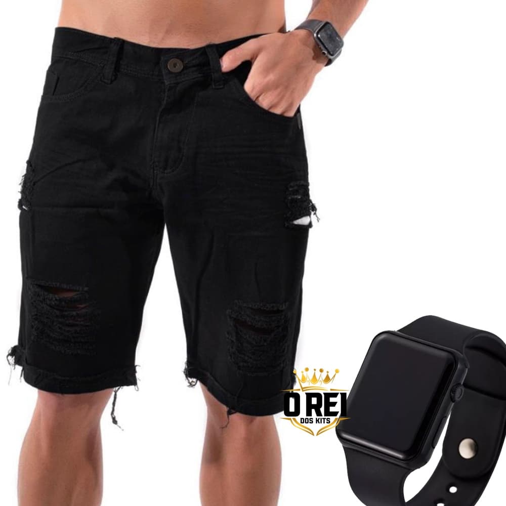 Bermuda Masculina Jeans Rasgada Preta Desfiada + Relógio Luz Led Esportivo Envio Hoje