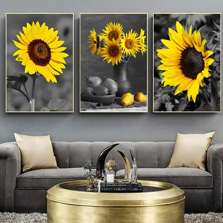 Quadros Decorativos 3 Peças Girassol Flores Amarelas Decoração Quarto Sala Cozinha Escritório