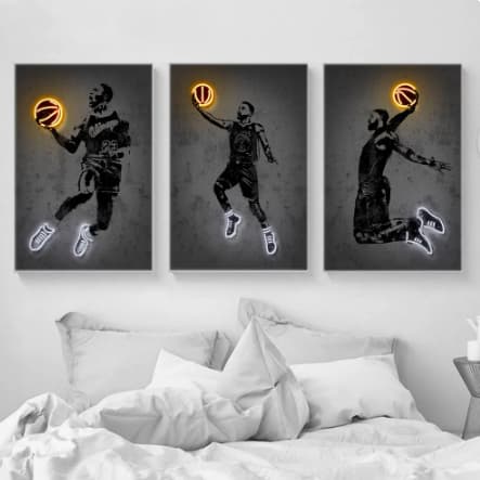 Quadros Decorativos 3 Peças Basquete Neon Street Art