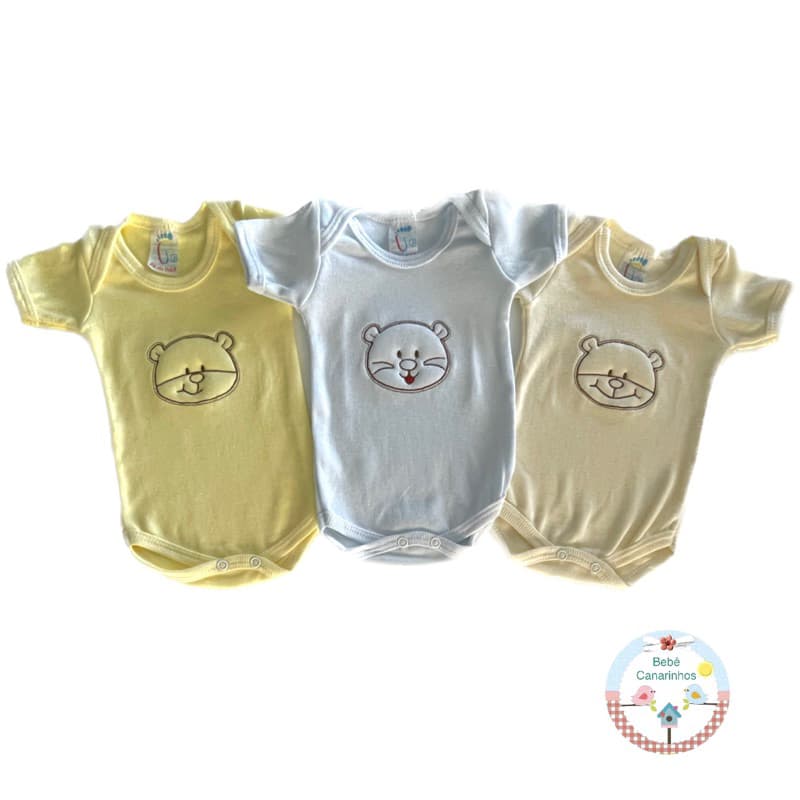 Kit 3 Bodys Bebê Manga Curta Bordado Alto Relevo 3D 100% Algodão Suedine. Menino e Menina RN P M G
