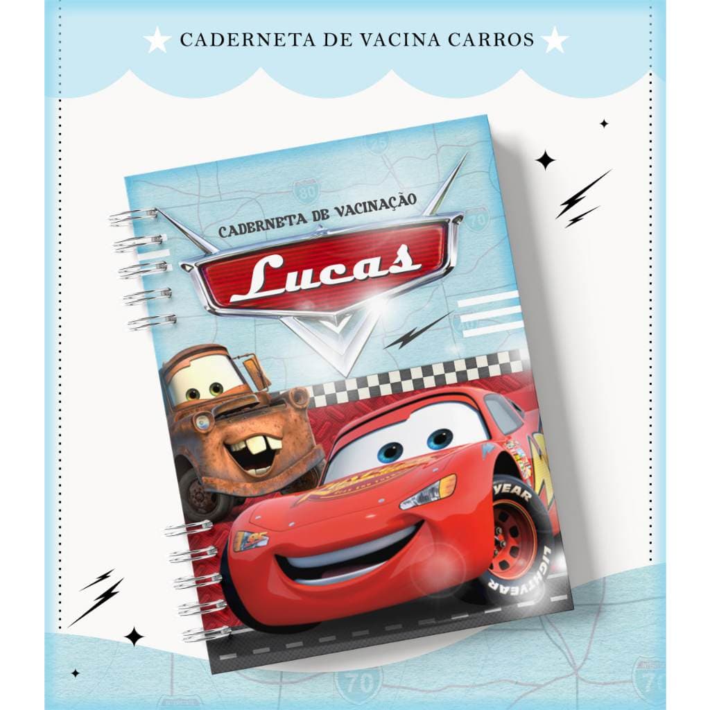 Caderneta de Vacina Carros Disney  Personalizada C/ Nome - Capa dura