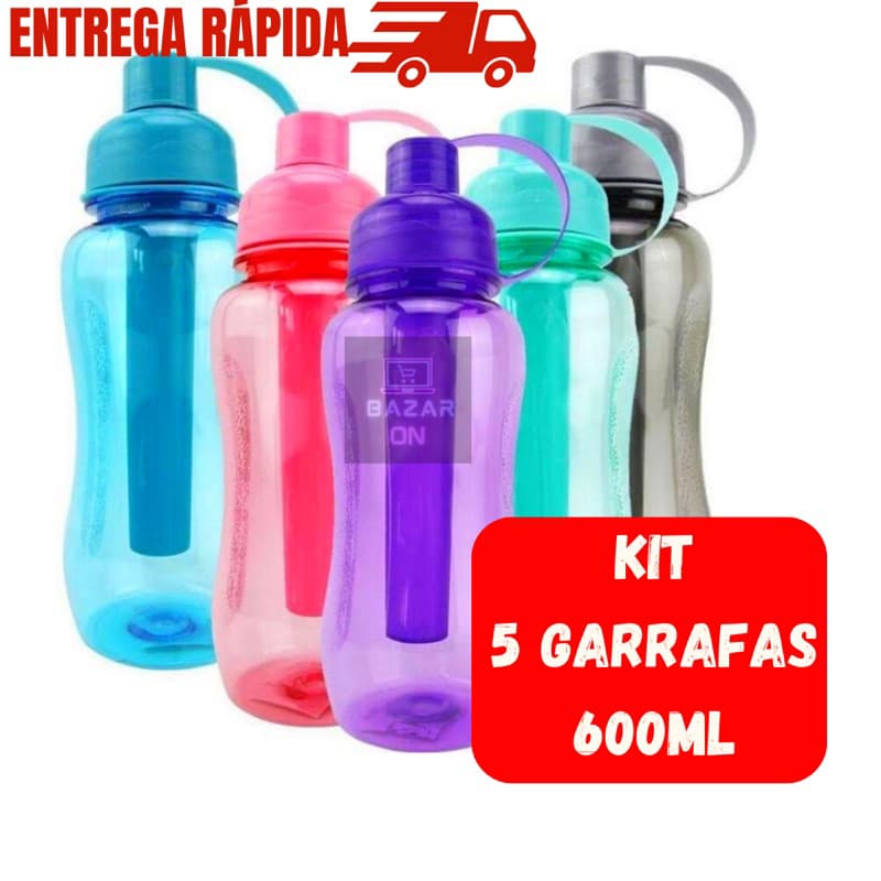 KIT 5 GARRAFAS SQUEEZE 600ml COM TUBO DE GELO TRANSPARENTE HOMEFLEX