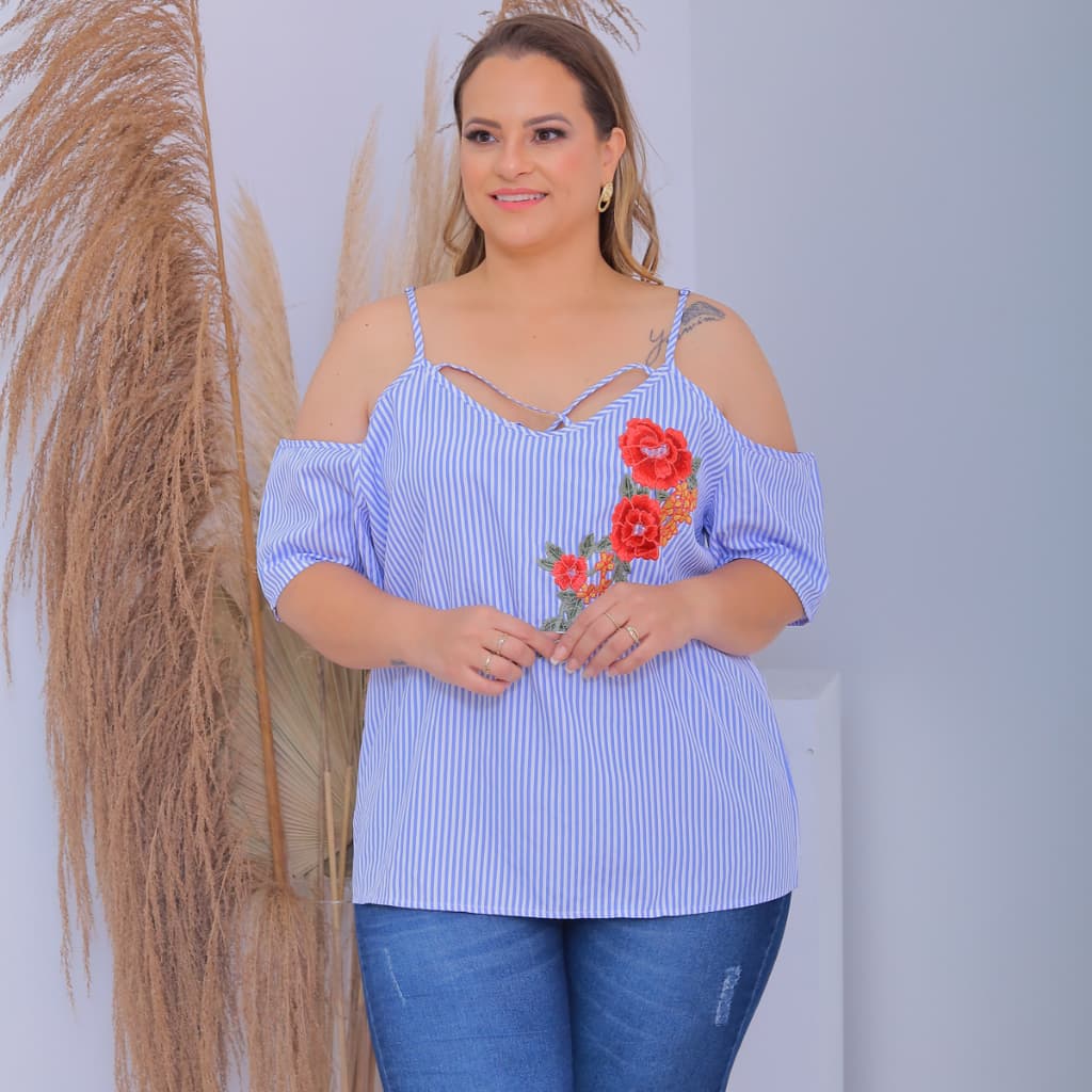 Blusa Feminina Plus Size Ciganinha em Tricolone Estampada Bordada Listrada Moda Fashion