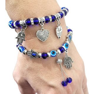 Kit 2 Pulseira Olho Grego Pingente Hamsa Coruja Sorte Amuleto Elefante