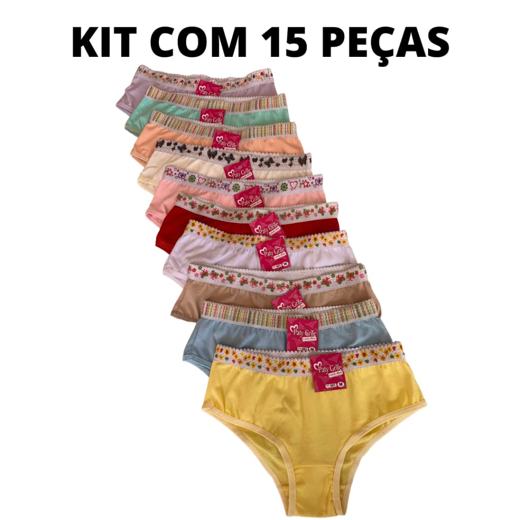 Kit 15 Calcinhas Juvenil - Modelo Tanga em Algodão Confortável Para Atacado Diversas Cores