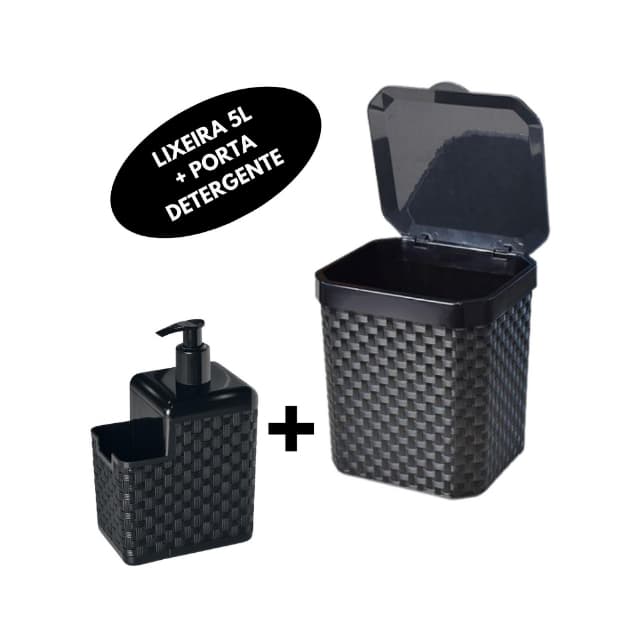 Kit Cozinha Escritório Lixeira Cesto Rattan 5 Lts Preta +  Dispenser Porta Detergente e Esponja Rattan
