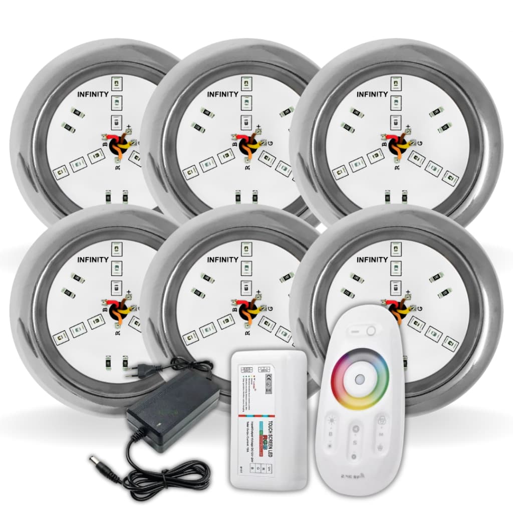 Kit Iluminação Piscina 06 Super Led INOX 6W RGB + Comando e Fonte