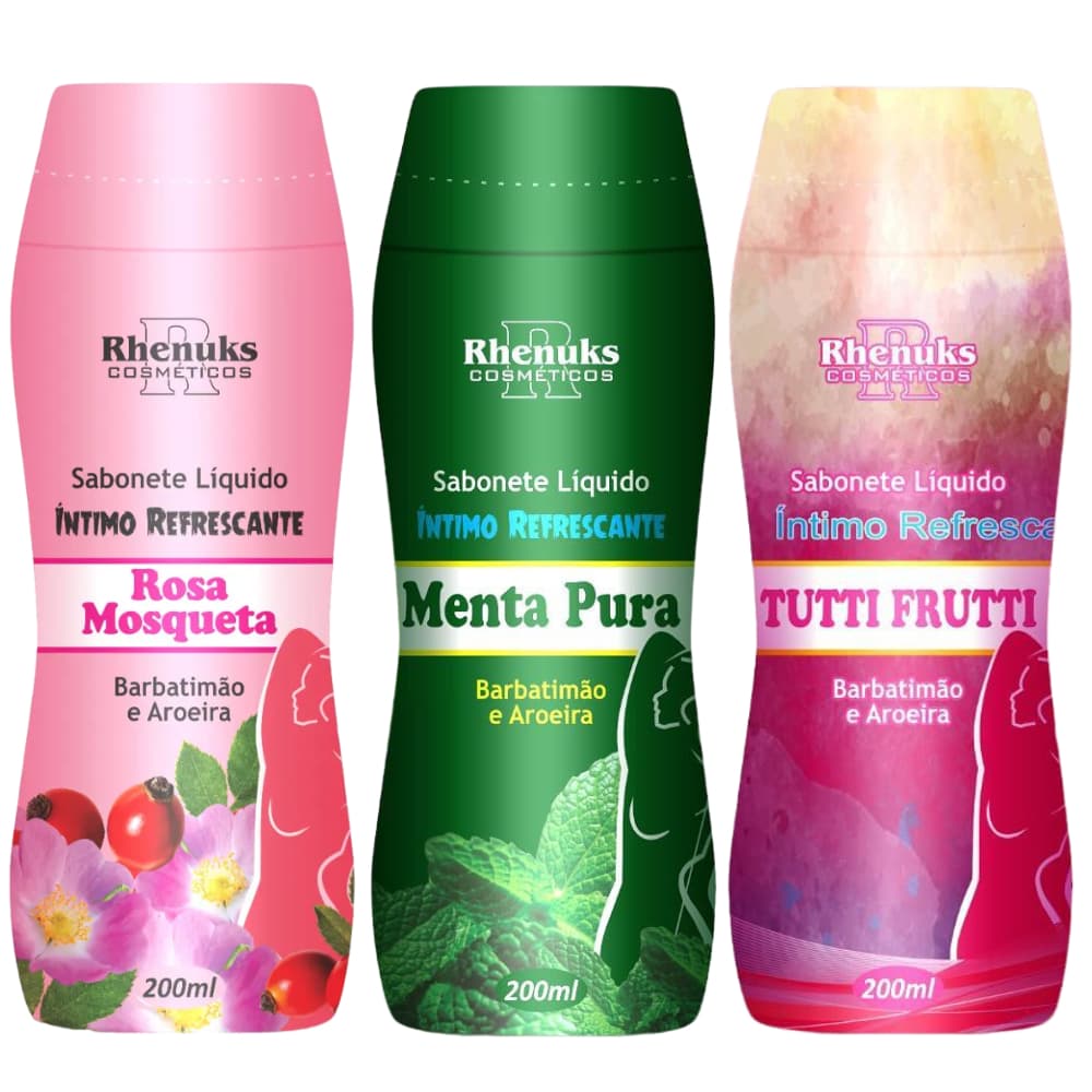 Kit 3 Sabonete Íntimo Líquido 200ml Rosa Mosqueta, Menta e Tutti Frutti Rhenuks