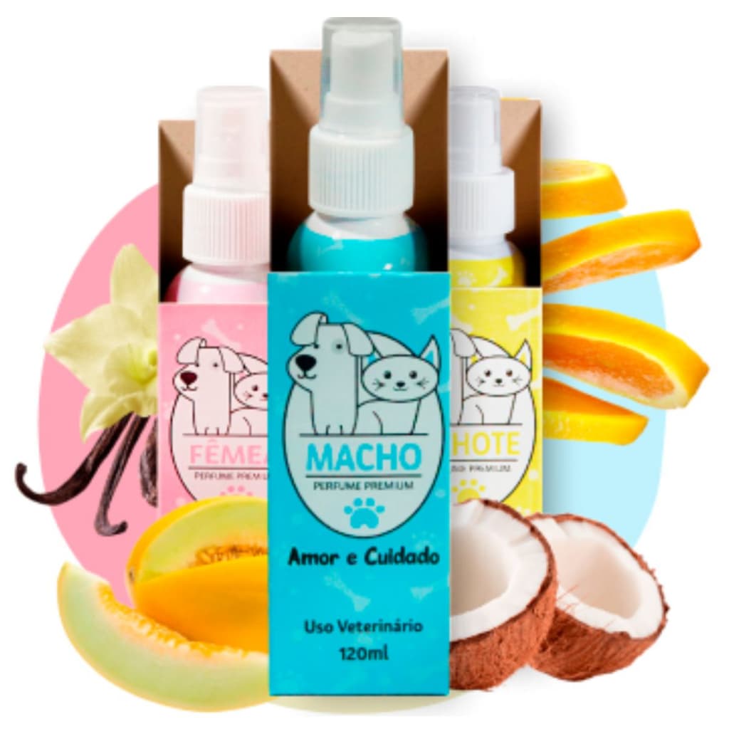 KIT 3 Perfumes Cheirinho PET Amor e Cuidado MACHO, FEMEA e FILHOTE 120ml - Cães e Gatos