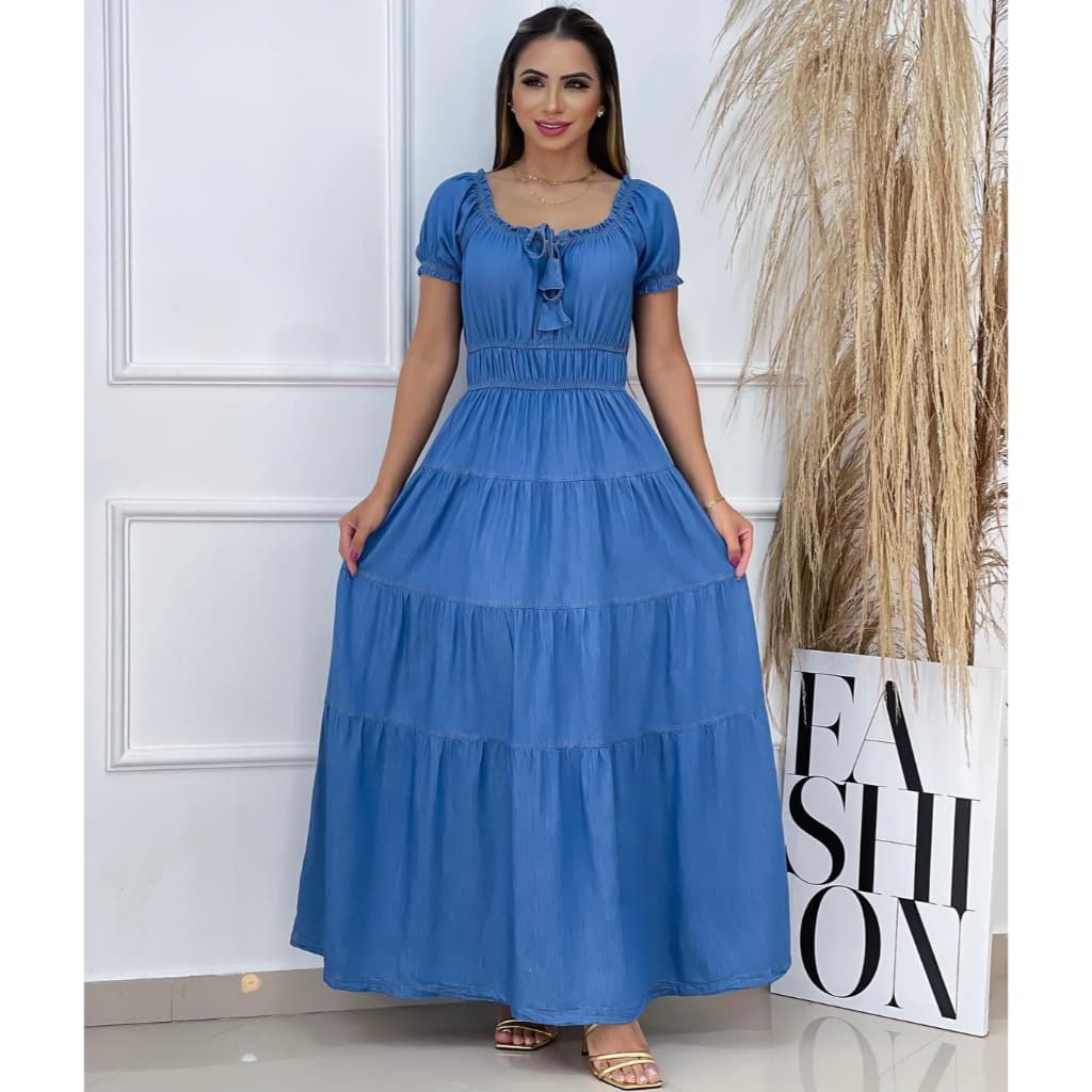 Vestido Jeans longo feminino ombro a ombro ciganinha Soltinho moda evangélica