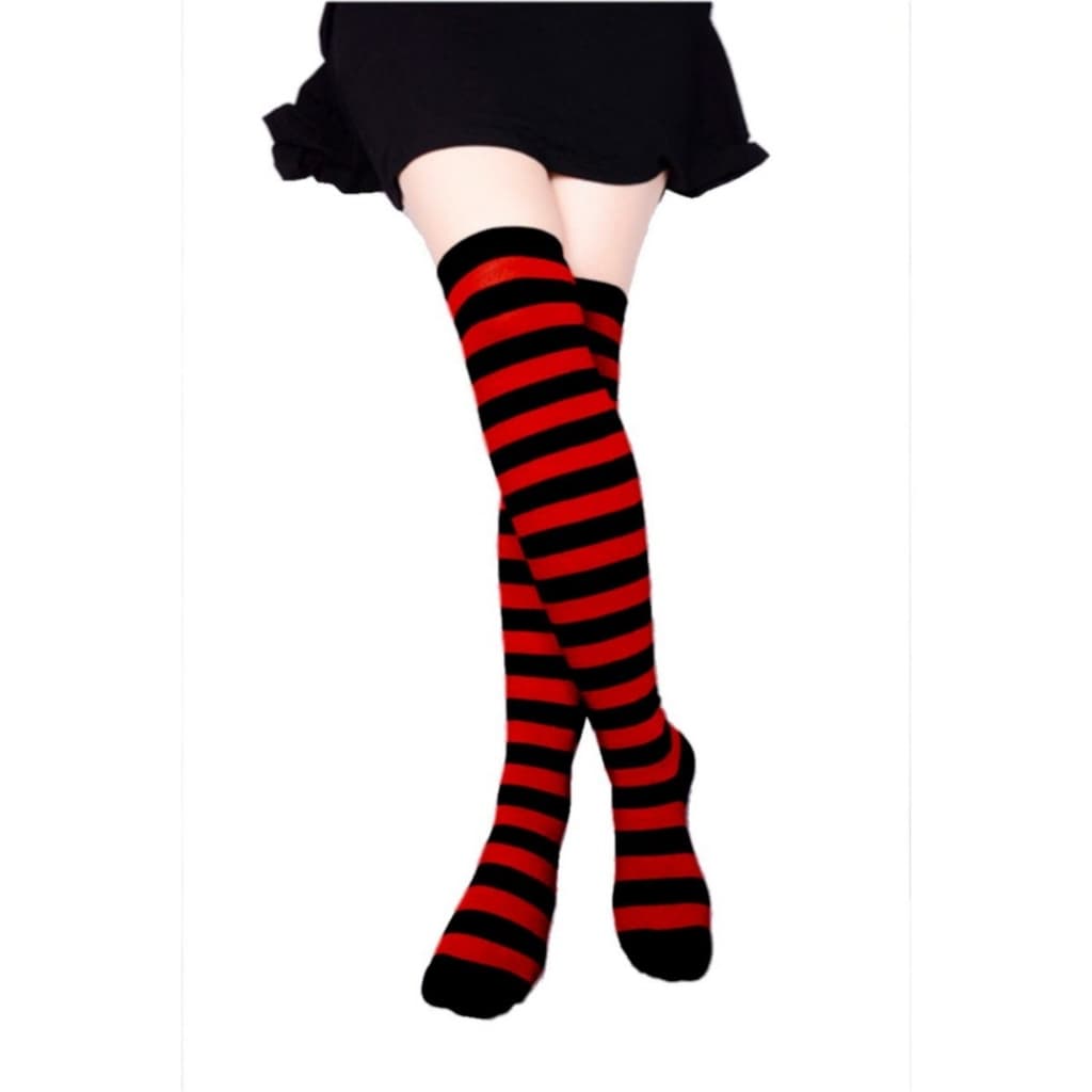 Meia Listrada vermelho Com Preto Meião Stocking 7/8 Fantasia Cosplay