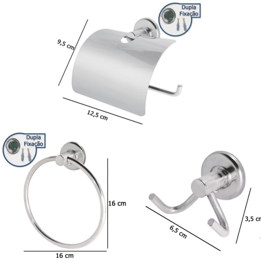 Kit Açessório 3 peças de Banheiro- Porta Argola, Papeleira com Tampa, Cabide duplo