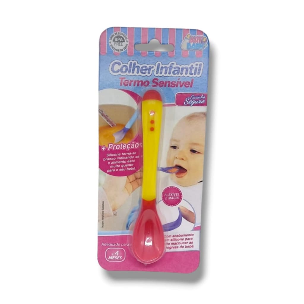 Colher Infantil, Termossensível (Muda de cor conforme a temperatura), flexível e macia com acabamento em silicone.