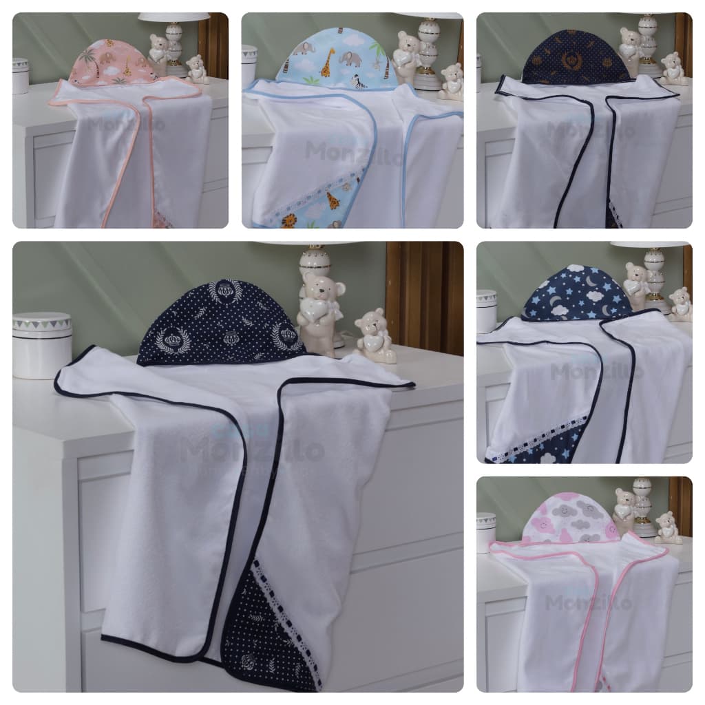 Toalha De Banho Bebe Dupla Face Com Capuz 70x70cm Forrada com Fralda Várias Estampas