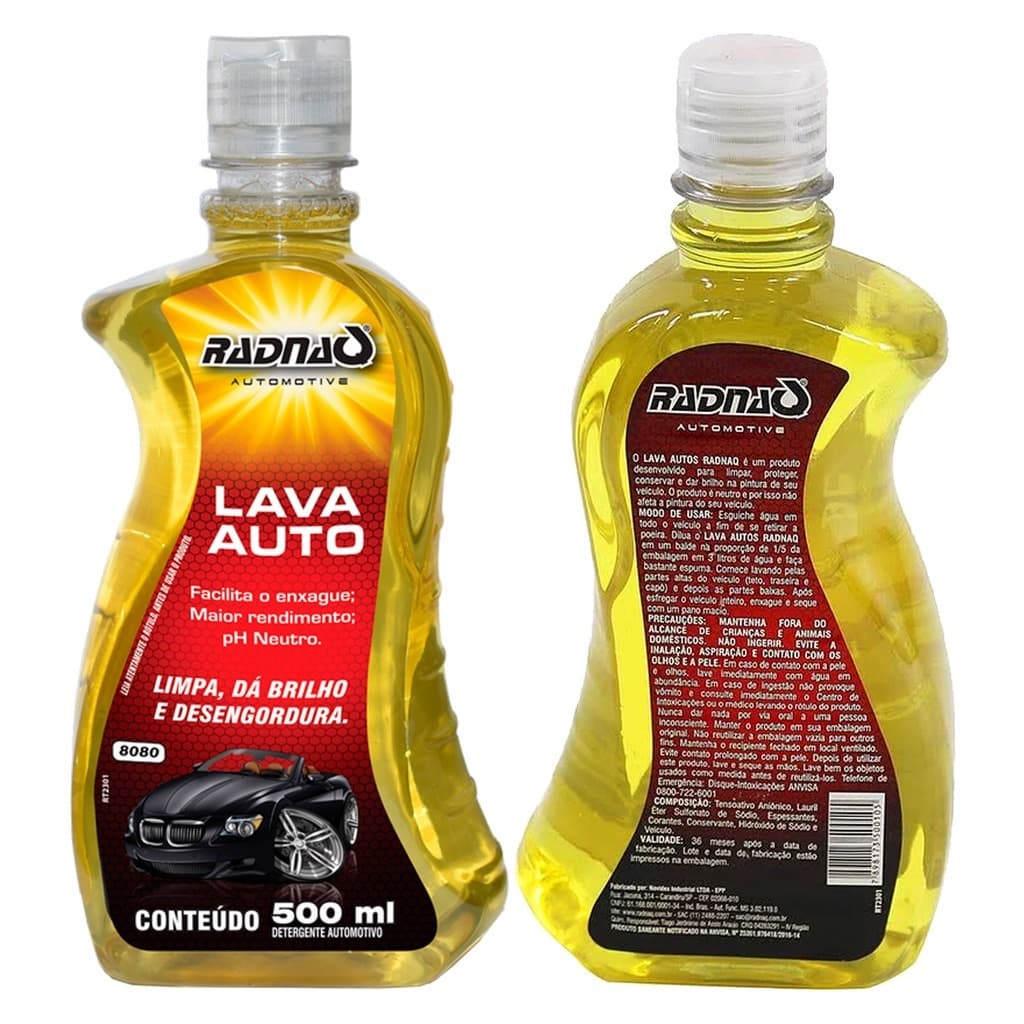 Kit c/2 Shampoos Automotivo Universal - Lava Autos Concentrado - Radnaq 500mL para limpar, proteger, conservar e dar brilho na pintura de seu veículo. O produto é neutro e por isso não afeta a pintura do seu veículo.
