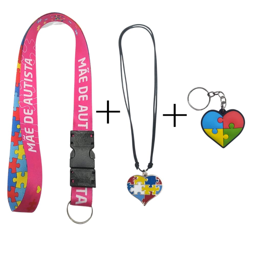 Kit Chaveiro Cordão Moto Pescoço Fecho Engate Rápido Crachá Mãe de Autista/TEA + Colar Coração Autismo Metal + Chaveiro Emborrachado