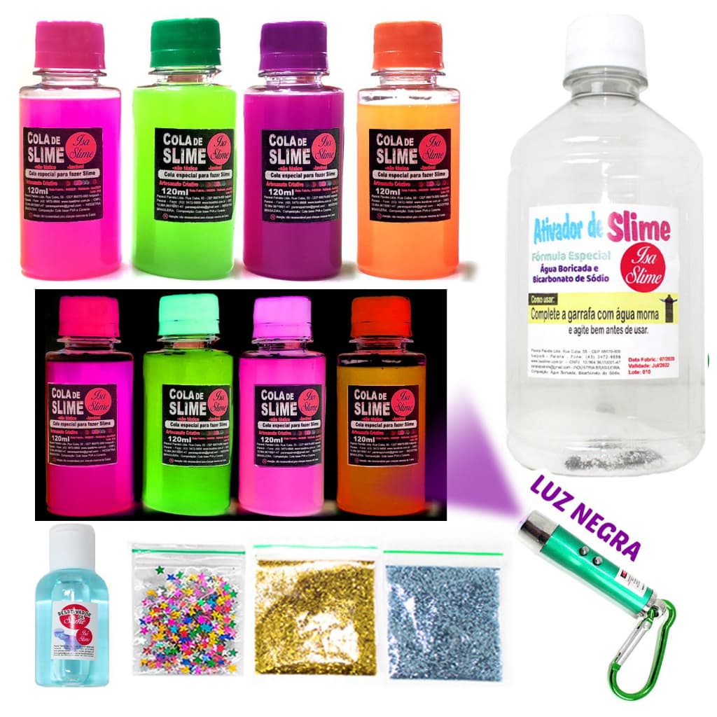 Kit Para Fazer Slime Neon Glow Glue Brilha no Escuro + Luz Negra Isa Slime Mini Kit