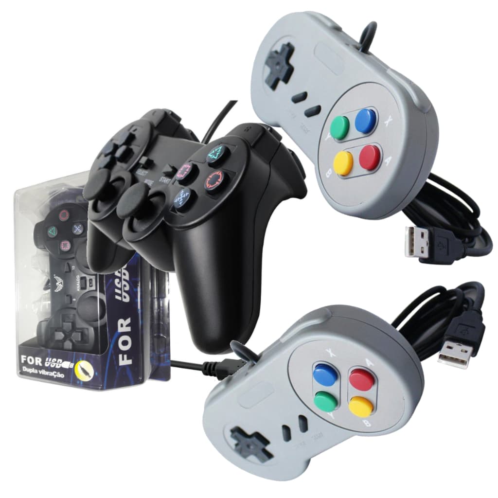 Super Kit 3x Controles USB Joystick Games Retro Computador Raspberry Manete Pc 1x Modelo Ps2 + 2x Snes