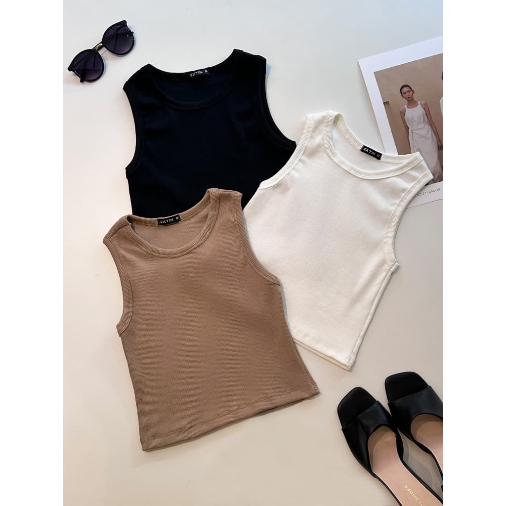 Kit 3pcs Cropped Basica Ribana Cropped Gola Redondo Sem Manga Top Cores Candy rosa amarelo azul Regata cropped
