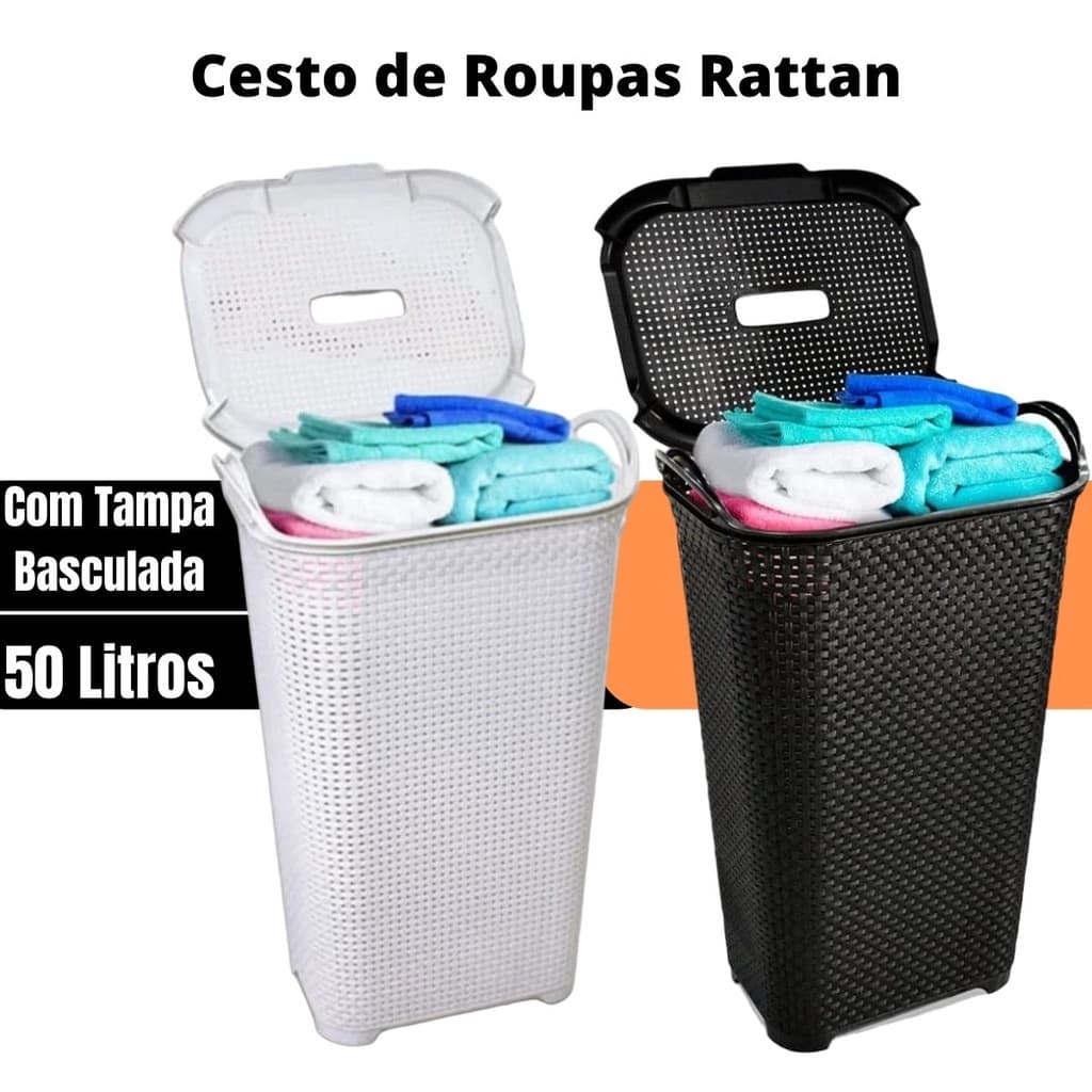 Cesto de roupa Rattan c/ Tampa e alça Basculada 50 litros - ARQPLAST