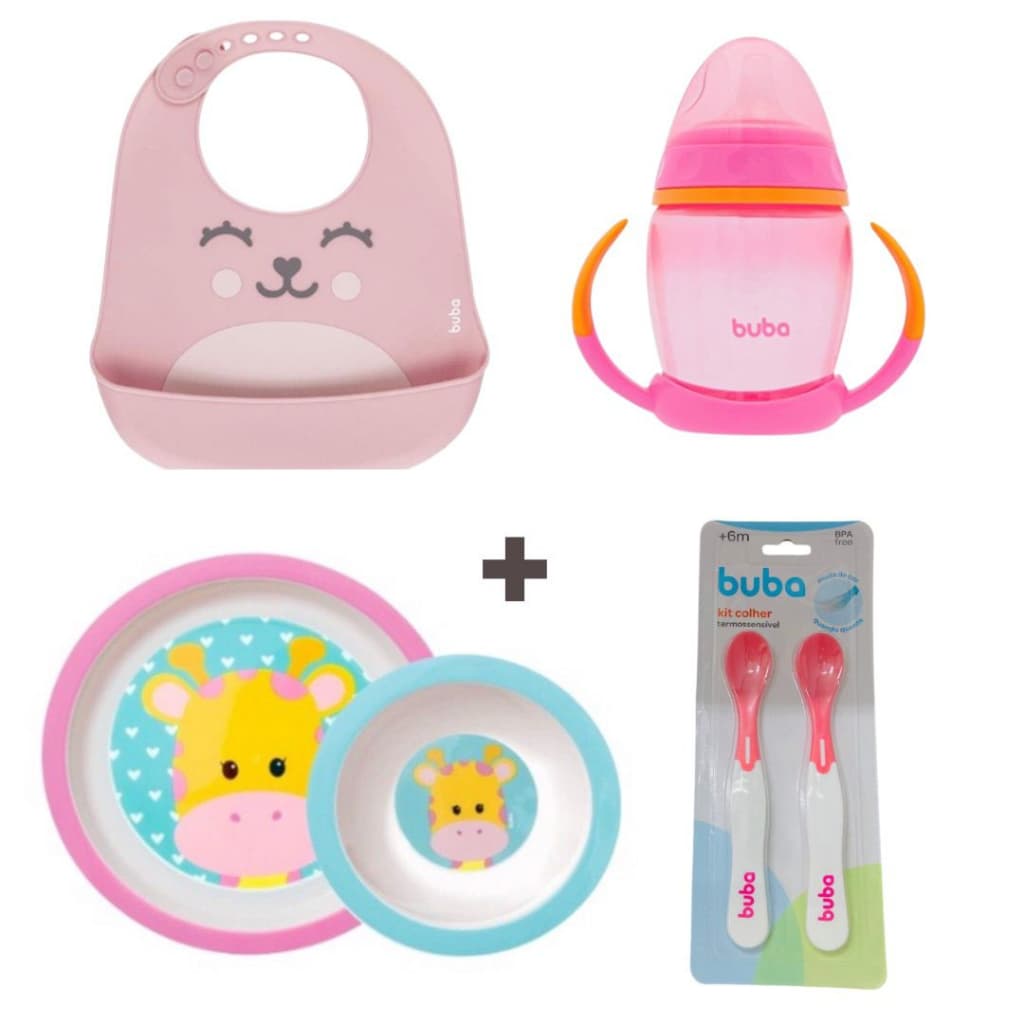 Kit Refeição Introdução Alimentar Buba com Prato Pratinho Raso, prato fundo tigelinha bowl, Babador Silicone, Copo de Transição com bico de silicone e alça removível e kit colher termossensível silicone (Kit Animal Fun Buba Girafa Girafinha)