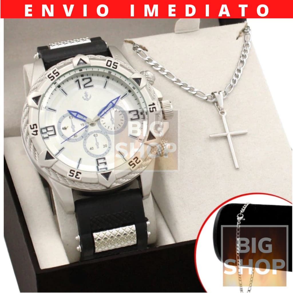 Relógio Masculino Silicone 18k Prata Preto + Corrente 925 Cruz + Pulseira 925