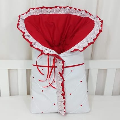 Porta Bebê Saco De Dormir Tecido Branco Com Forro Vermelho Detalhes com Bordado Inglês 100% Algodão.
