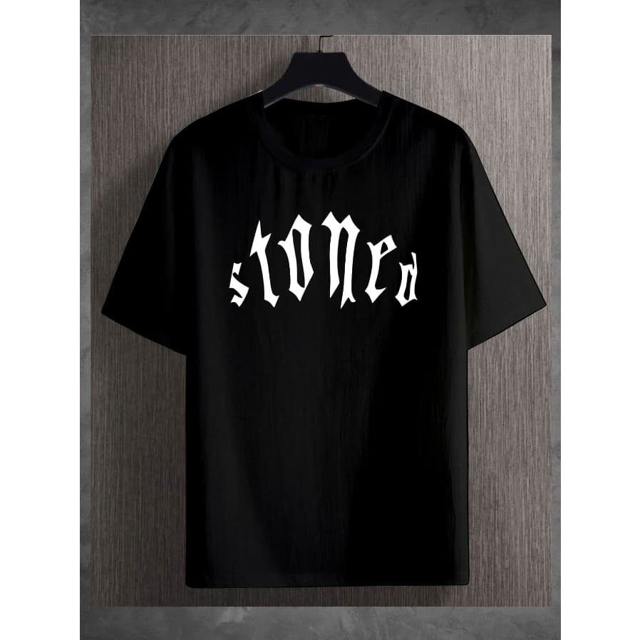 Camiseta Stoned Letras Geométricas Oversized Long Line Manga Curta Aesthetic Básica