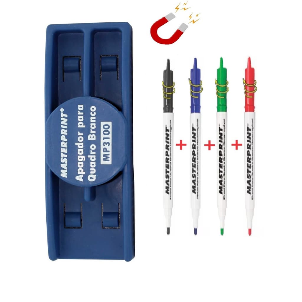 Apagador Para Quadro Branco Com Imã + 4 Canetas Sortidas