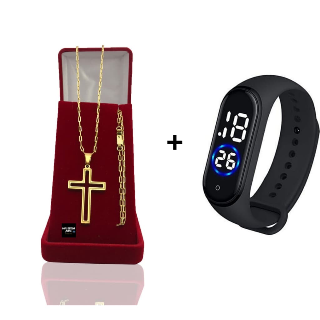 Correntinha Masculina Banhado Ouro 2mm Com Pulseira e Pingente Cruz Vasada