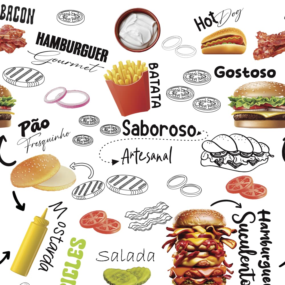 Papel de Parede Adesivo Decoração Cozinha Gourmet Hambúrguer Lanchonete Fast Food Lanche