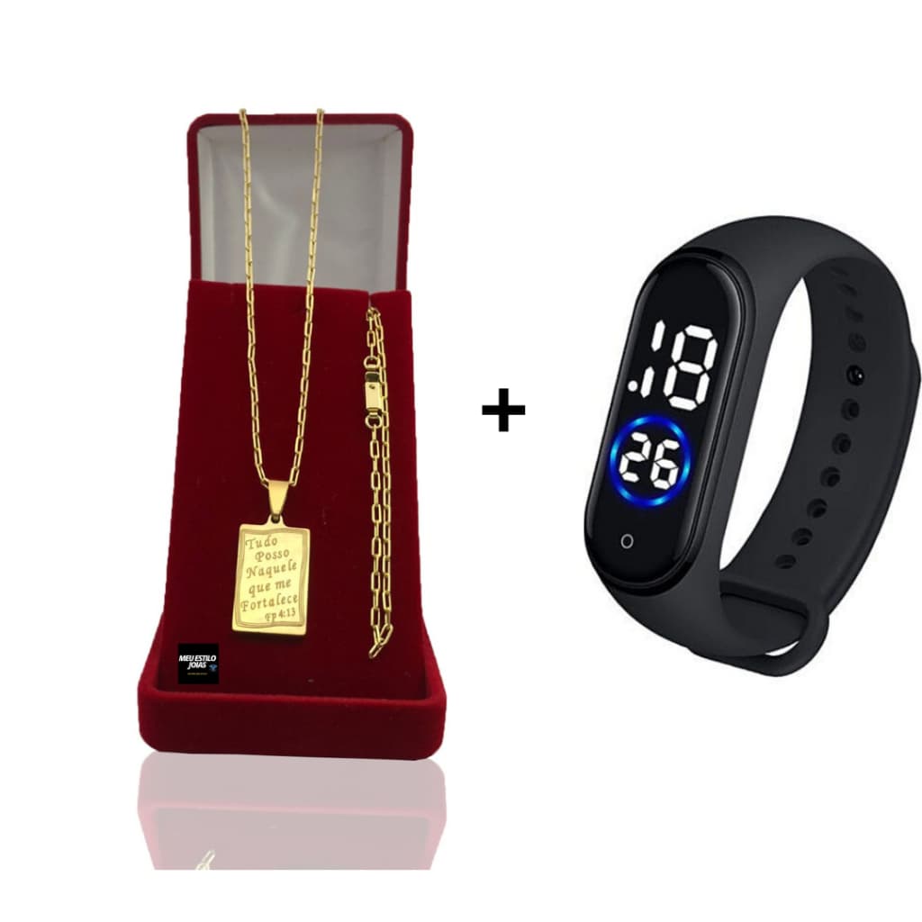 Corrente Masculina Infantil Banhado Ouro 2mm Com Pulseira e Pingente Tudo Posso Naquele Que Me Fortalece