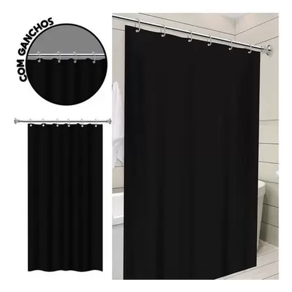 Cortina Box Em Pvc Antimofo Banheiro - Sem Visor Preta Com Ganchos
