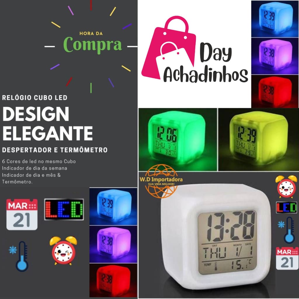 Relógio Digital LED RBG  5x1  Despertador Cubo Magico com termômetro