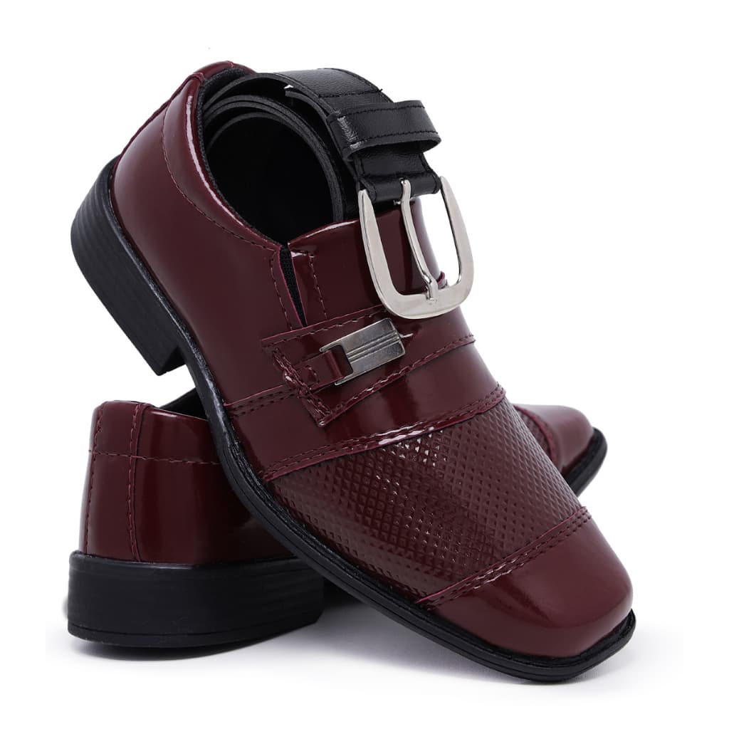 Kit Sapato Social Infantil Masculino Cinto 444 Bordô Pajem Conforto Bico Quadrado