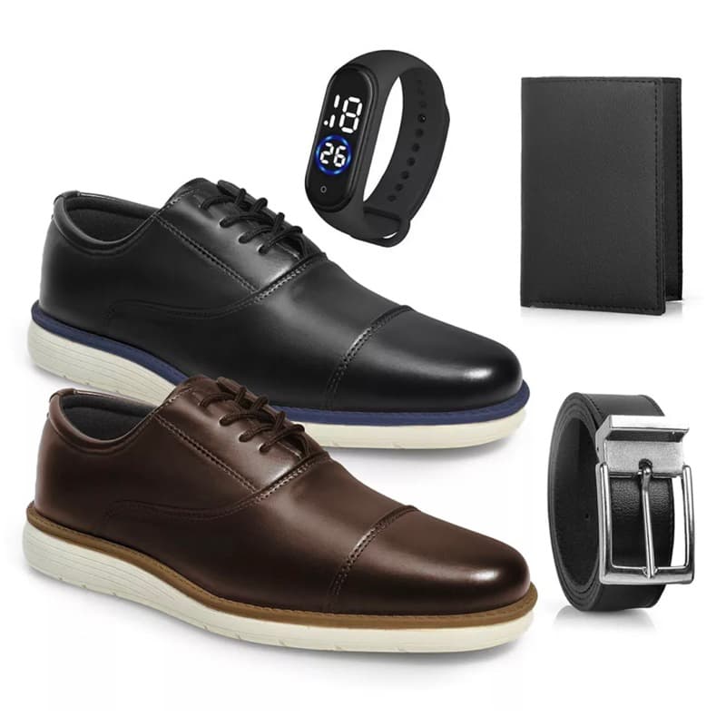 Kit 2 Pares de Sapato Oxford Masculino De Couro Confortavel Macio + Cinto Carteira e Relógio
