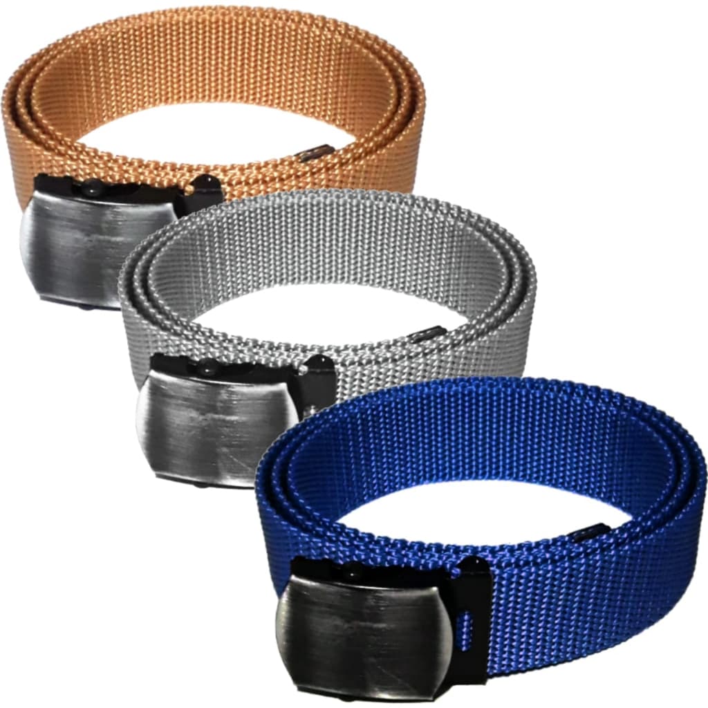 Kit 3 Cintos Masculino Poliéster Com Fivela Metal Grafite Azul Caramelo Cinza