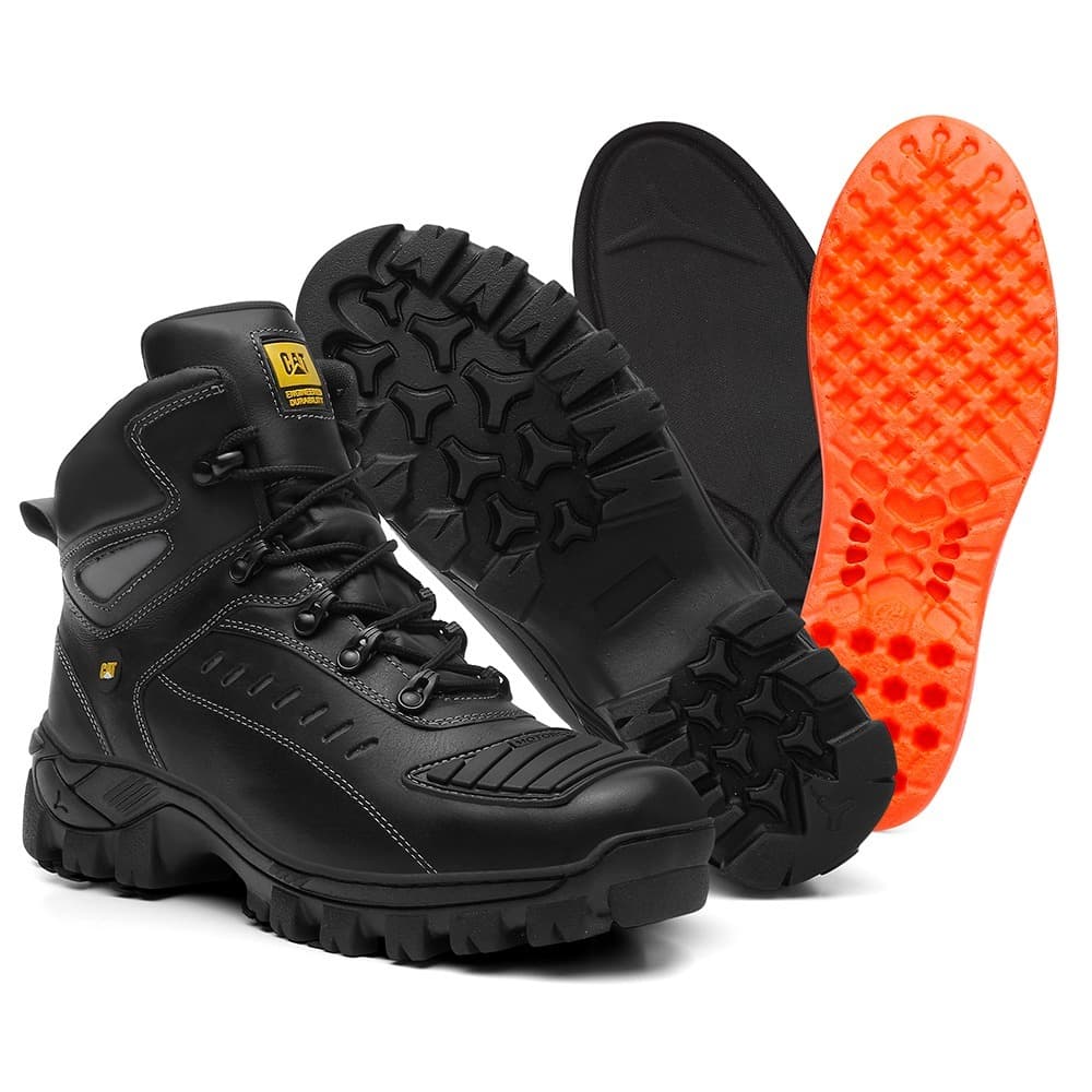 Coturno Masculino 100% Couro Emborrachado Caterpillar Motoqueiro Motociclista Refletivo