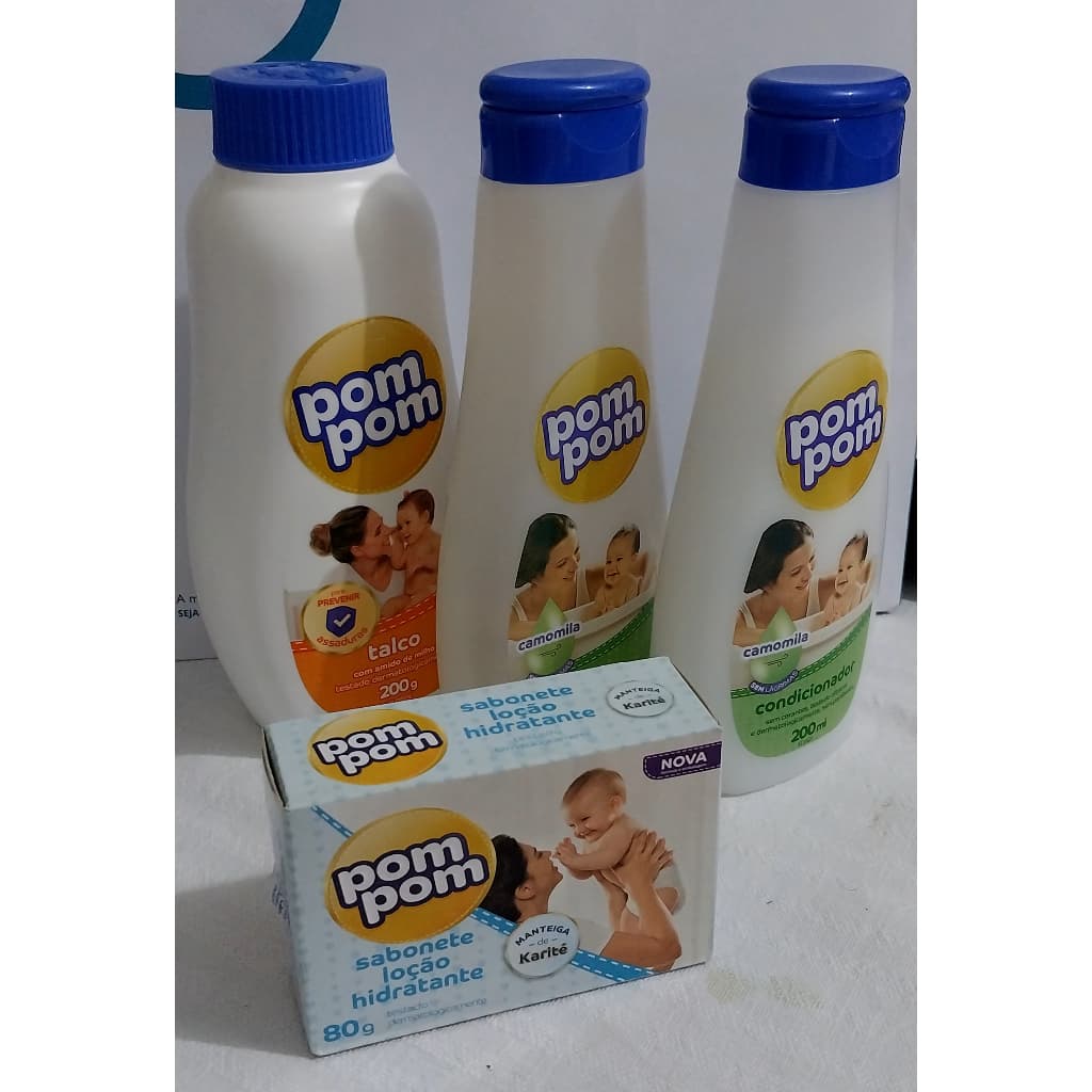 Kit Pom pom Camomila Shampoo+Condicionador 200 ml+Talco 200gr+sabonete Hid. 80gr