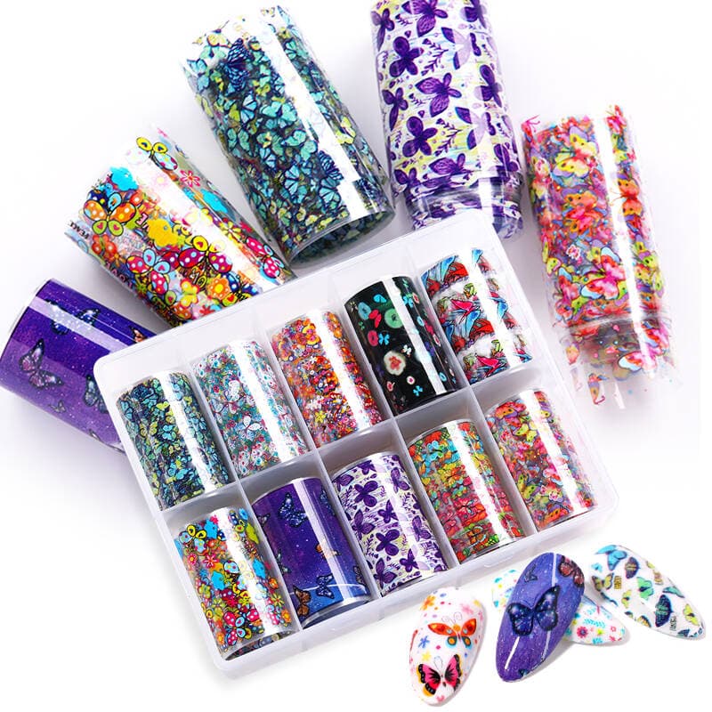 Nail Foil Unhas Decorado Com Borboletas Flores Nail Art manicure, Caixa Com 10 Rolos