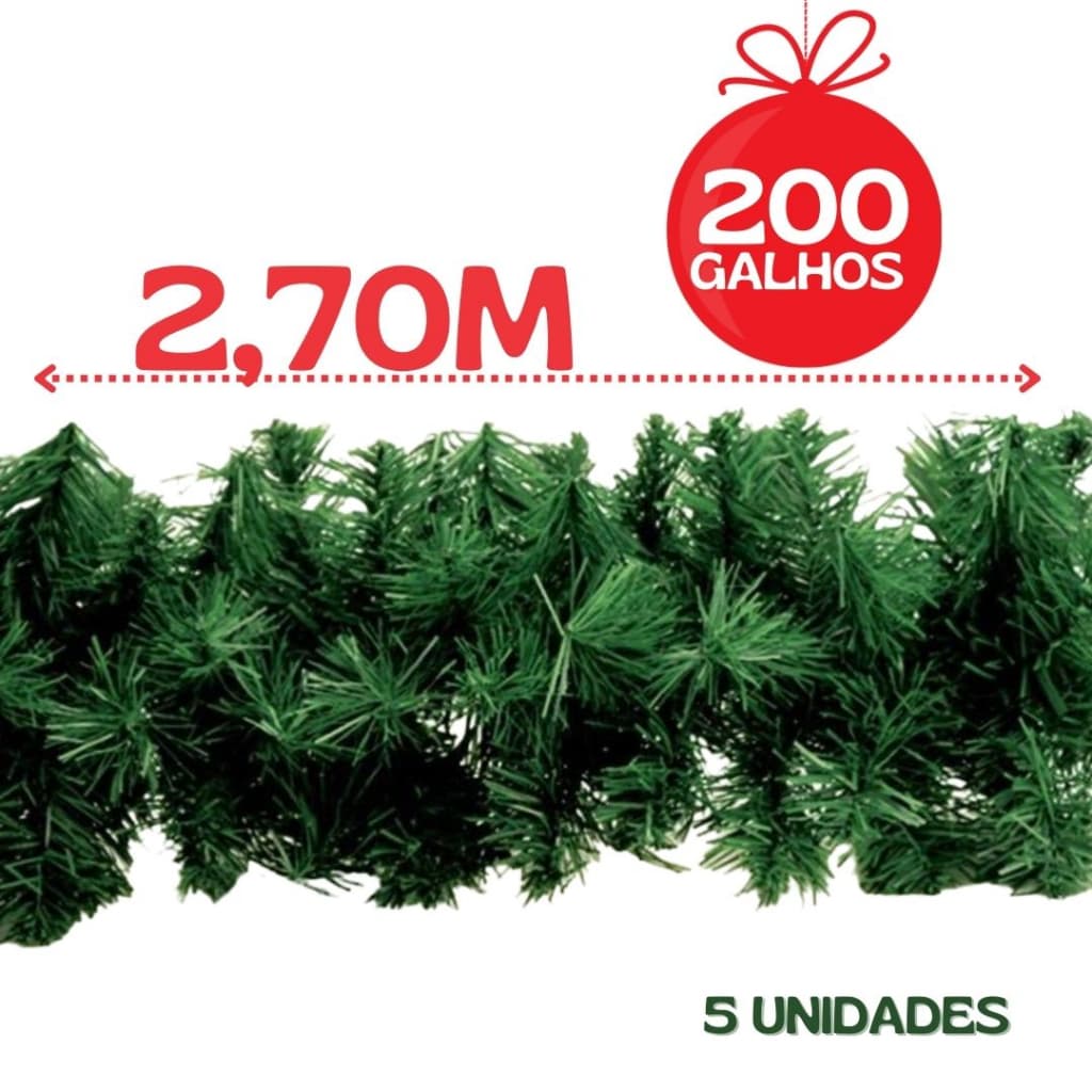 5 Festão Aramado Verde Decoração de Natal Enfeite 270cm 200 Galhos