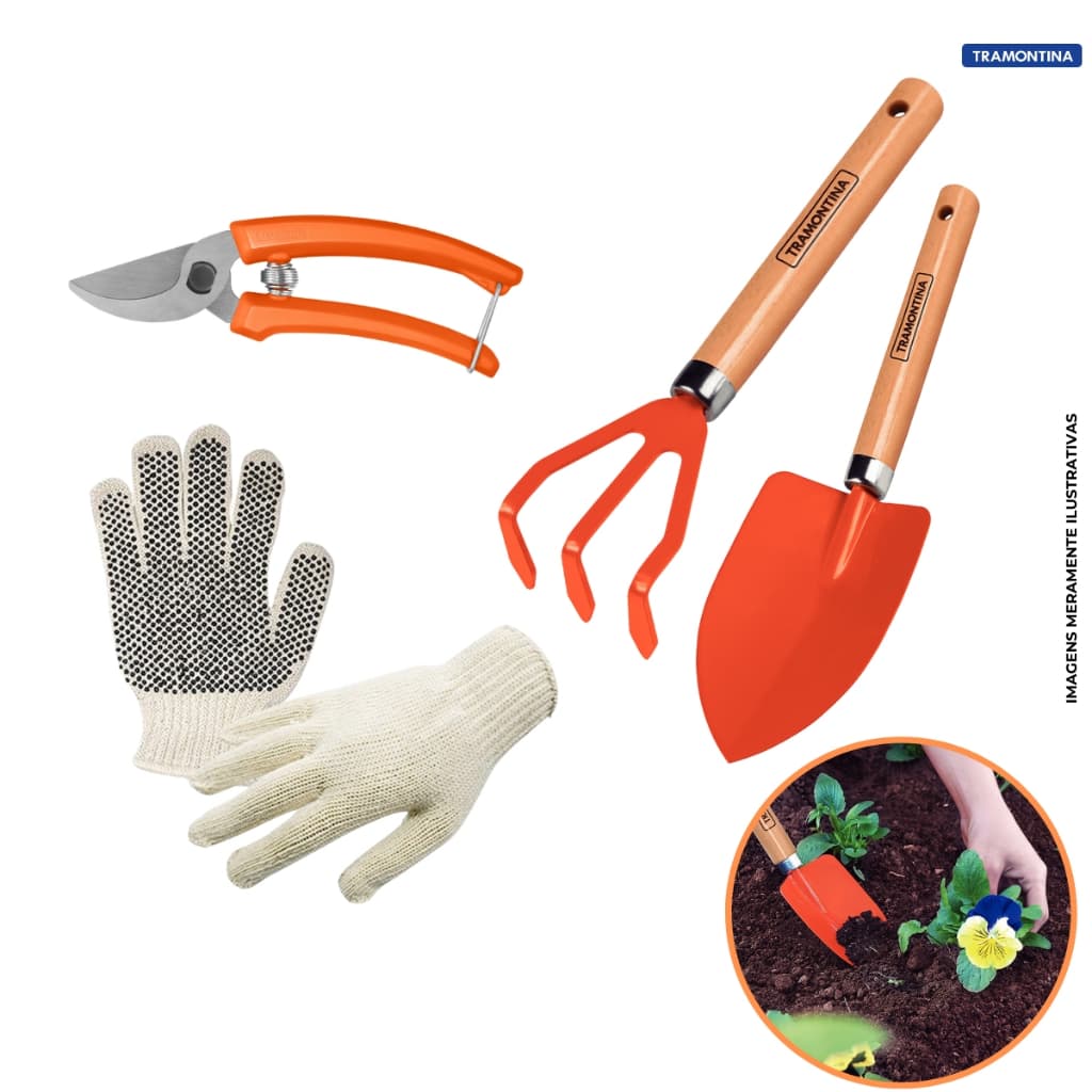 Conjunto de Jardinagem Tramontina 3 Peças com Ancinho Pazinha Larga Tesoura de Podar e Luva