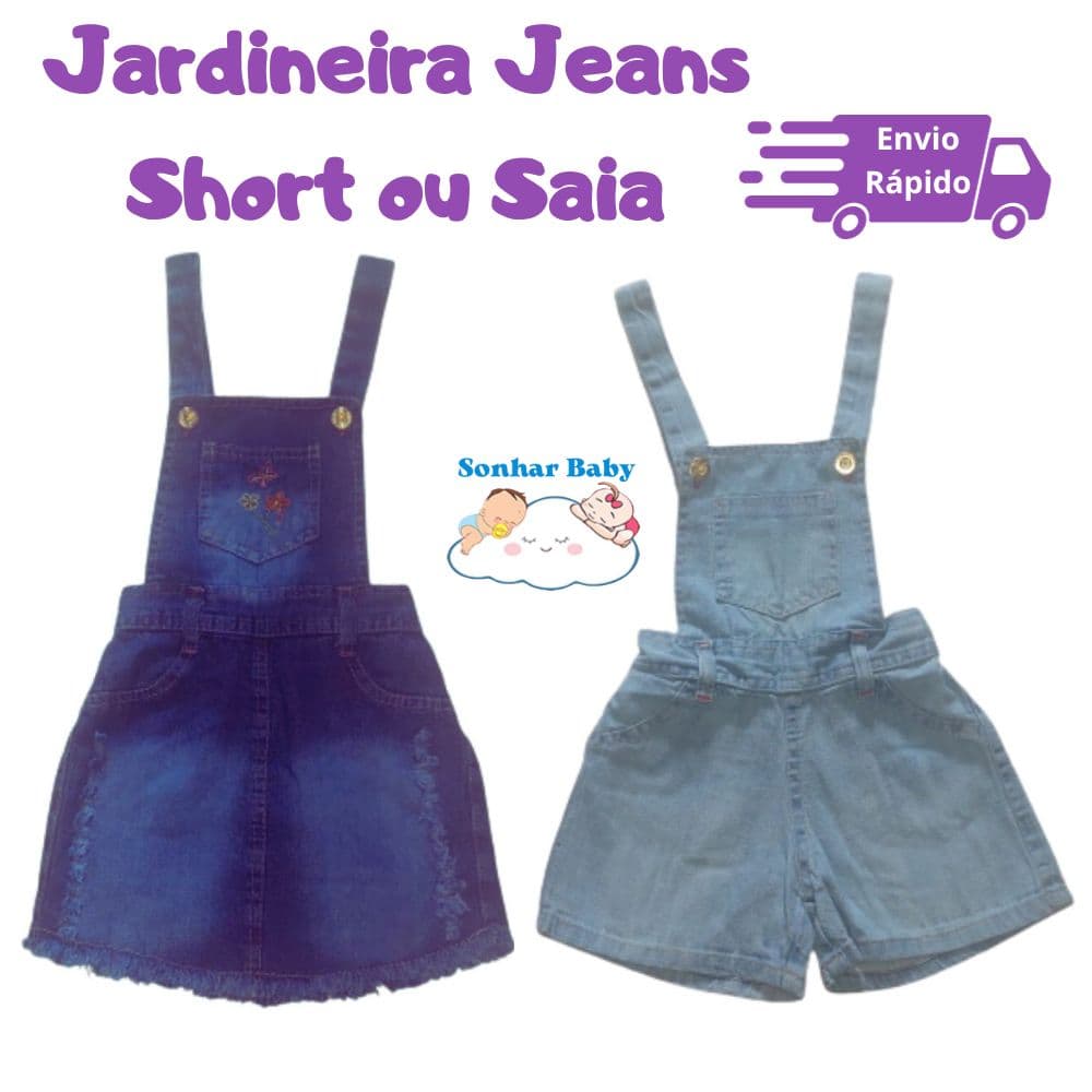 JARDINEIRA JEANS INFANTIL MENINA SHORT OU SAIA