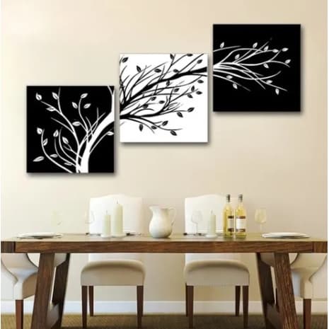 Kit Quadros Decorativos Mosaico 3 Peças Trio Preto Branco Floral Flor Delicado Arvore Vida Sala