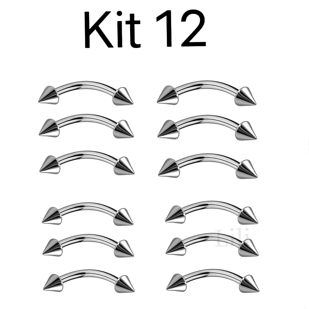 Kit 12 Piercing Micro bell CURVO SPIKE PRATA vertical labret sobrancelha - Aço Cirúrgico